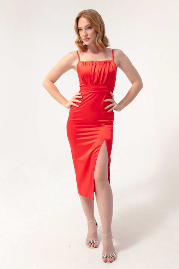 Lafaba Lafaba Women's Red Evening Dress with Thin Straps and a Slit Midi Satin.