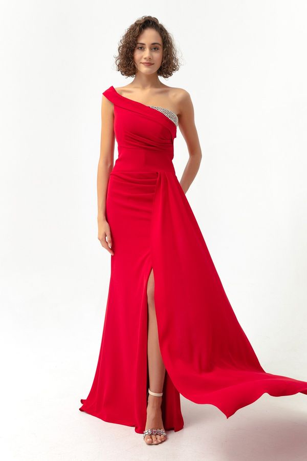 Lafaba Lafaba Women's Red One-Shoulder Stone Long Evening Dress