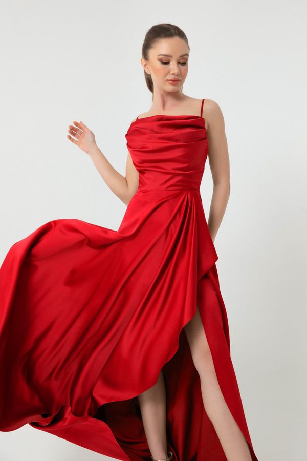 Lafaba Lafaba Women's Red Ruffles and Slit Satin Evening & Prom Dress