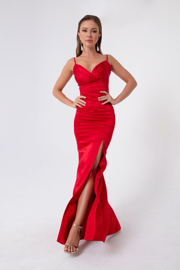 Lafaba Lafaba Women's Red Satin Evening Dress &; Prom Dress with Straps and a Slit