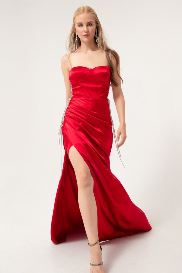 Lafaba Lafaba Women's Red Strapless Long Satin Evening Dress