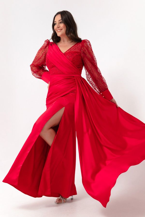 Lafaba Lafaba Women's Red V-Neck Plus Size Long Evening Dress with Stones and Slit on the Sleeves