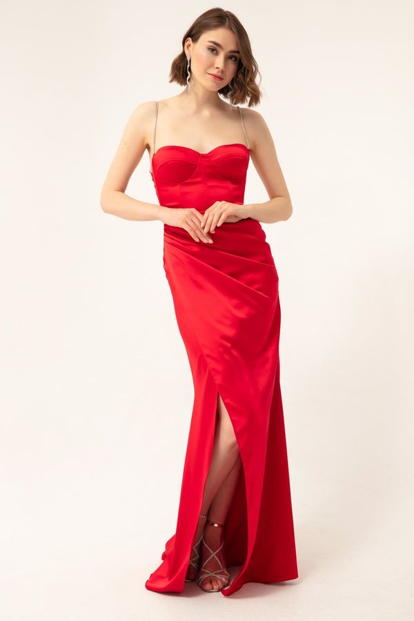 Lafaba Lafaba Women's Red with Stones Straps and a Slit Long Satin Evening Dress.