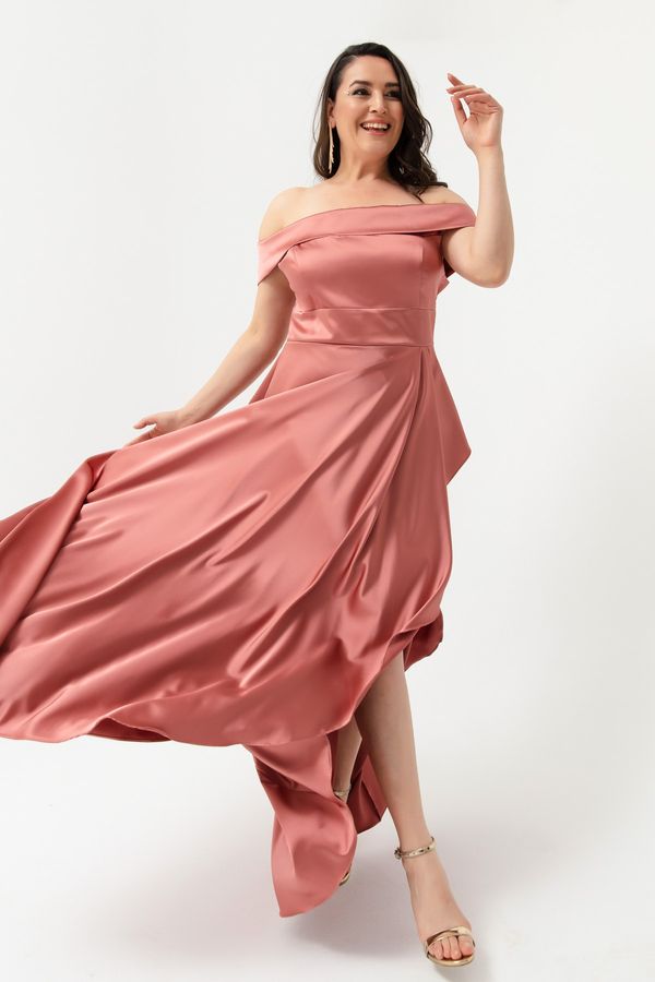 Lafaba Lafaba Women's Salmon Boat Collar Plus Size Satin Evening Dress & Prom Dress