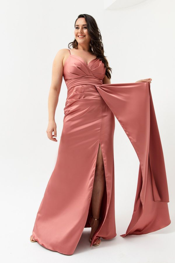 Lafaba Lafaba Women's Salmon Plus Size Long Satin Evening Dress & Prom Dress