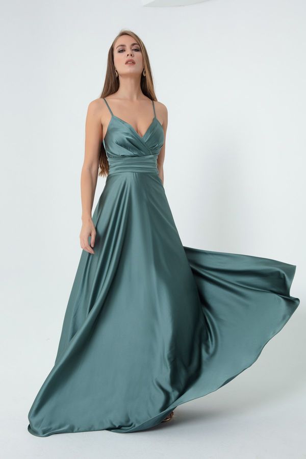 Lafaba Lafaba Women's Turquoise Rope Strap Satin Long Evening Dress with Waist Belt & Graduation Dress