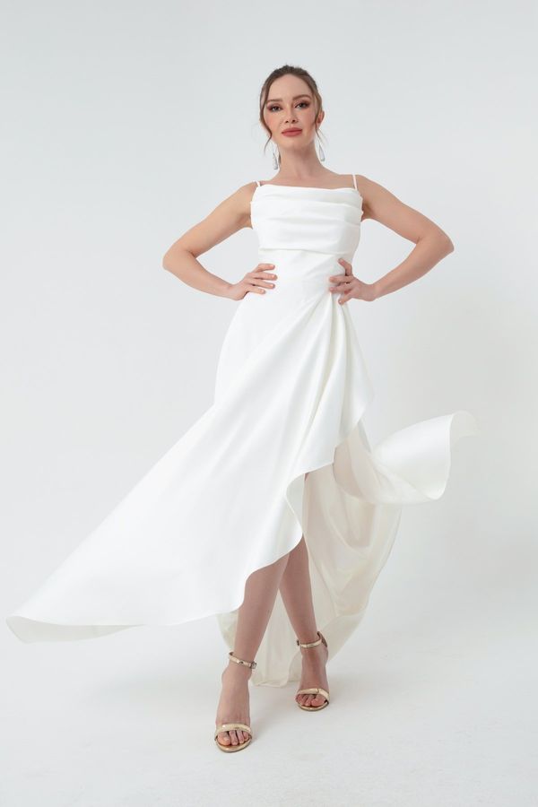 Lafaba Lafaba Women's White Flounce Slit Satin Evening Dress & Prom Dress