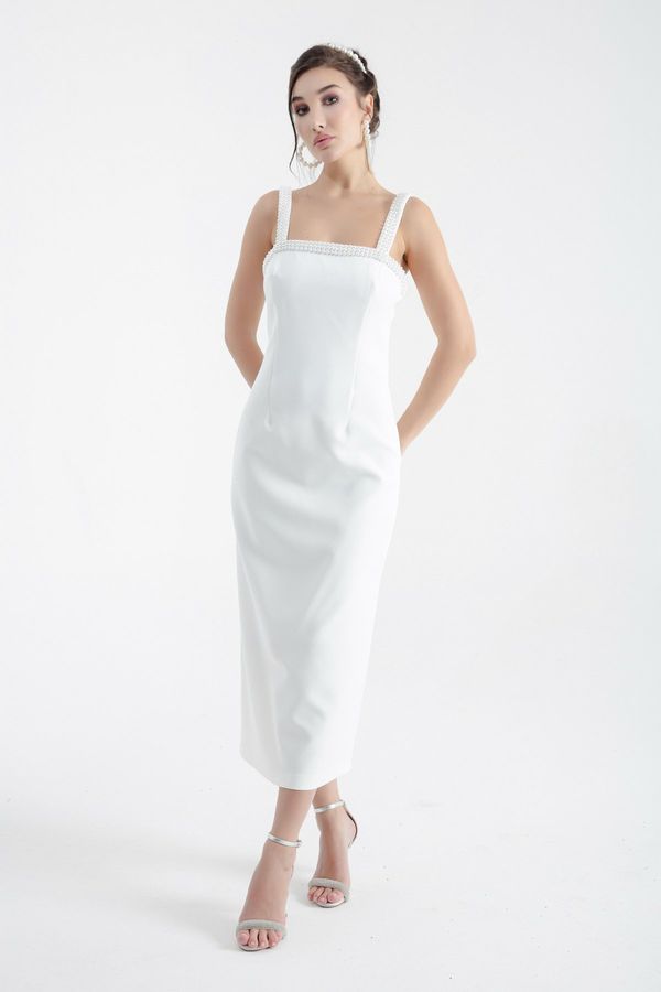 Lafaba Lafaba Women's White Pearl Midi Evening Dress
