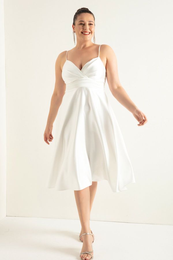 Lafaba Lafaba Women's White Rope Strap Waist Belted Satin Midi Plus Size Evening Dress