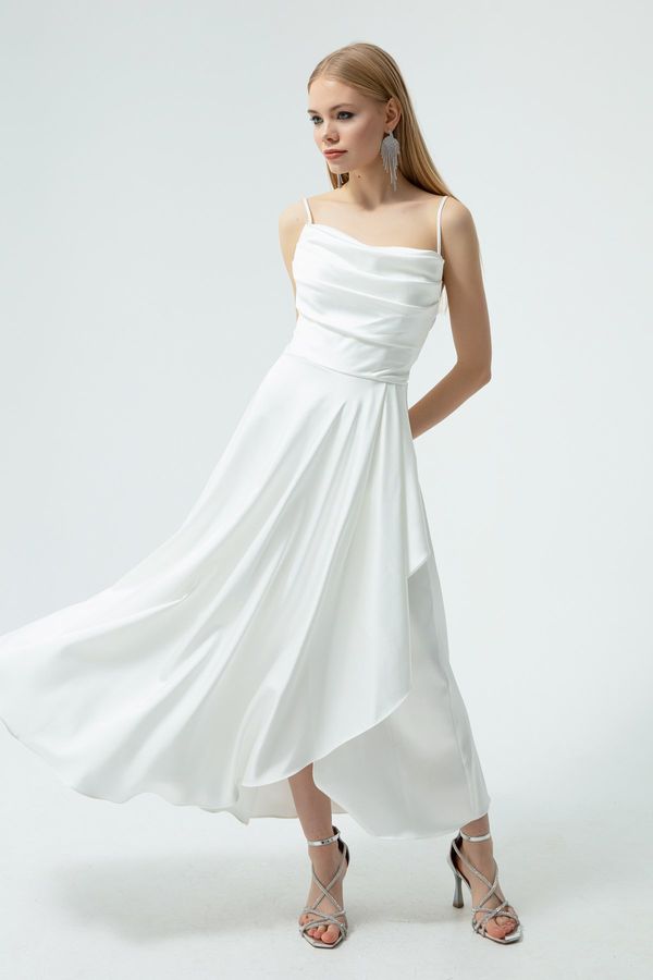 Lafaba Lafaba Women's White Satin Midi Length Evening Dress &; Prom Dress with Ruffles and a Slit.