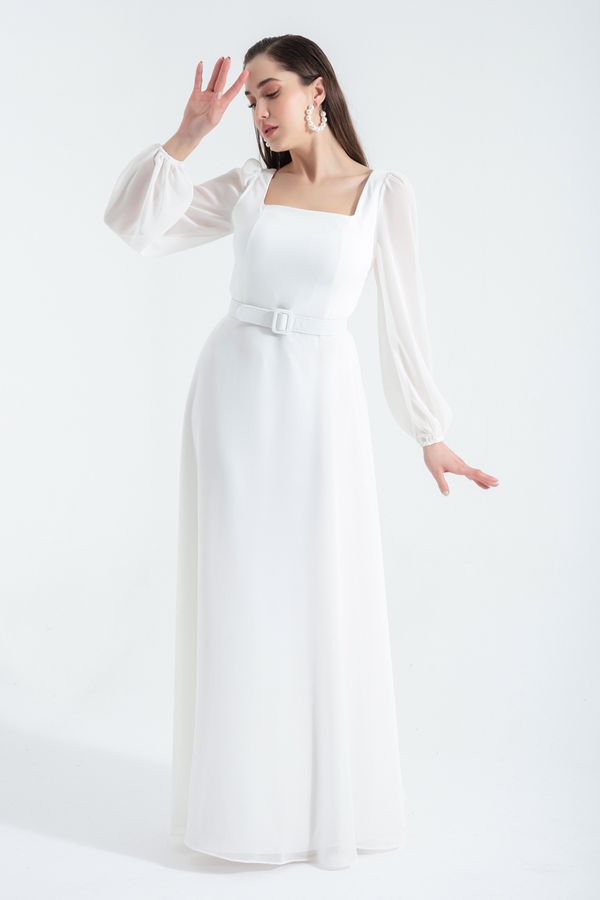 Lafaba Lafaba Women's White Square Neck Long Chiffon Evening Dress