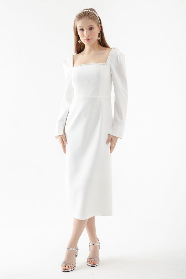 Lafaba Lafaba Women's White Square Neck Pearl Midi Evening Dress