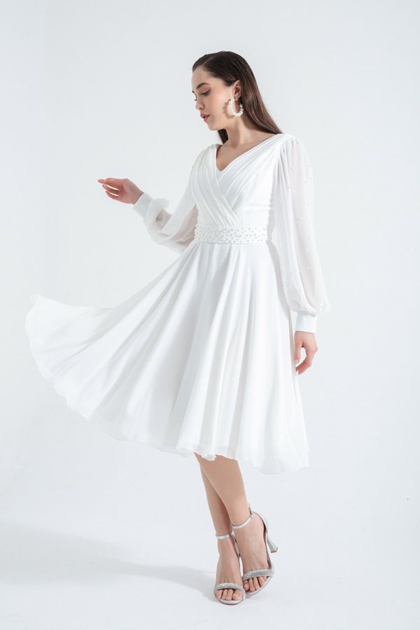 Lafaba Lafaba Women's White V-Neck Pearls Midi Evening Dress