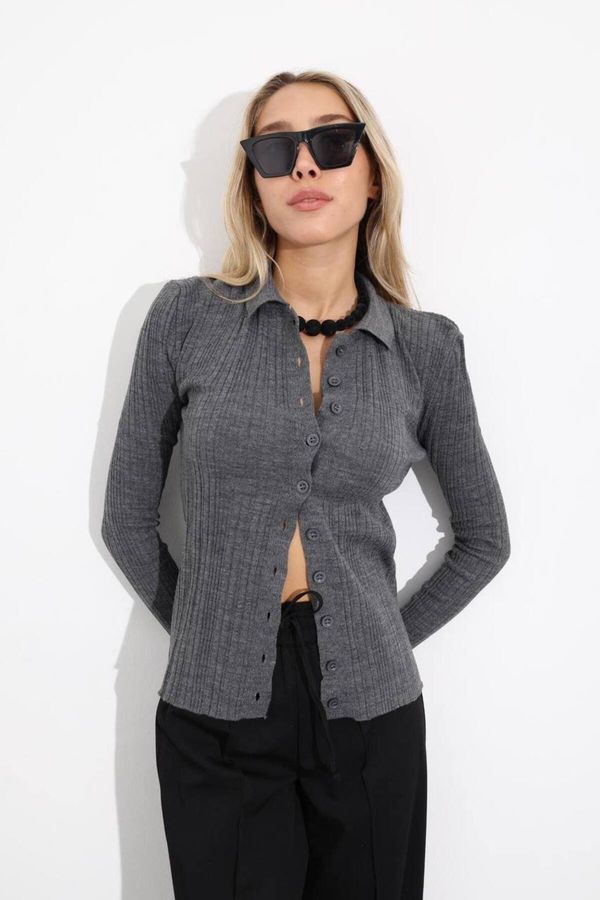 Laluvia Laluvia Anthracite Polo Collar Buttoned Knitted Cardigan