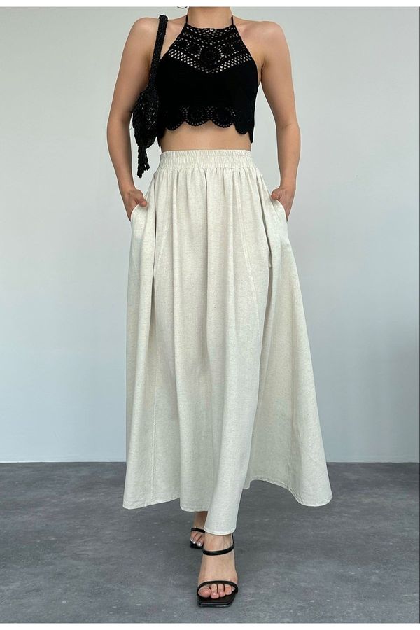 Laluvia Laluvia Beige Pocketed Linen Skirt with Elastic Waist