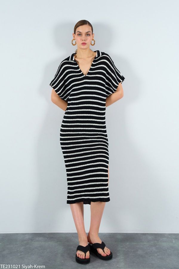 Laluvia Laluvia Black and cream Striped Polo Neck Slit Dress