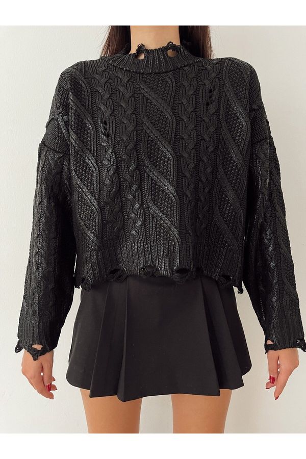 Laluvia Laluvia Black Foil Print Ripped Detailed Sweater