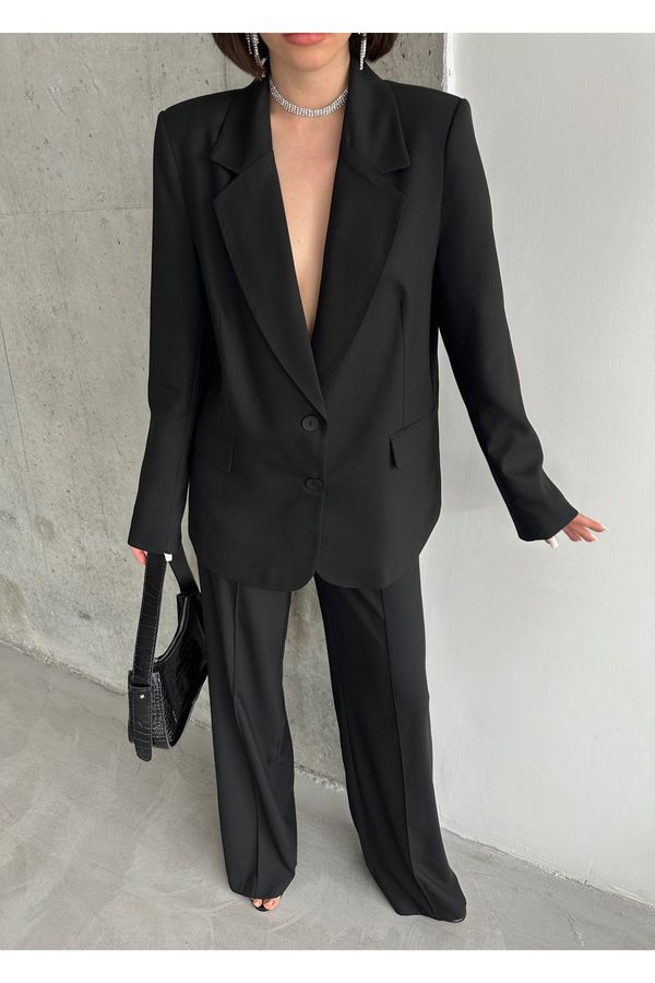 Laluvia Laluvia Black Polyviscon Jacket-Pants Suit