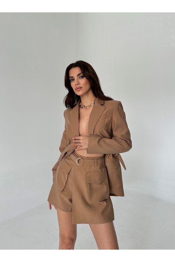 Laluvia Laluvia Brown Double Breasted Blazer Jacket Wrapped Shorts Set