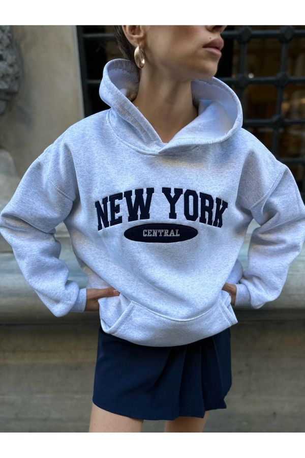 Laluvia Laluvia Gray Melange Premium Cotton New York Print Hooded Sweatshirt