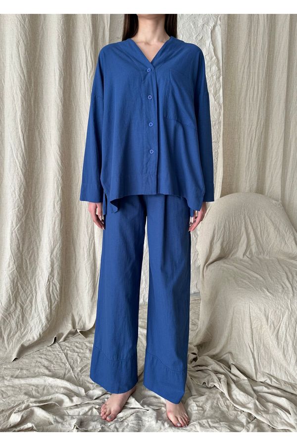 Laluvia Laluvia Indigo Linen Double Cuff Trousers Shirt Suit