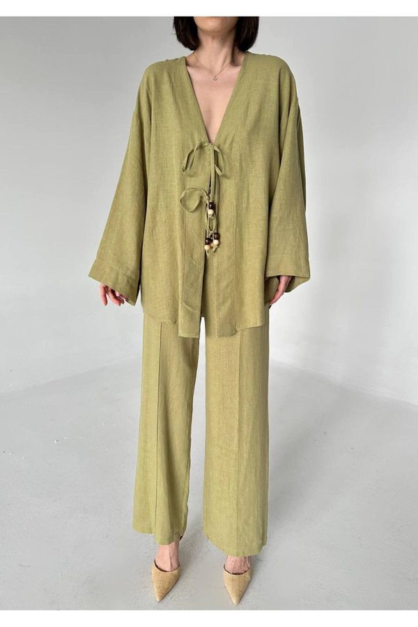 Laluvia Laluvia Khaki Beaded Kimono Linen Suit