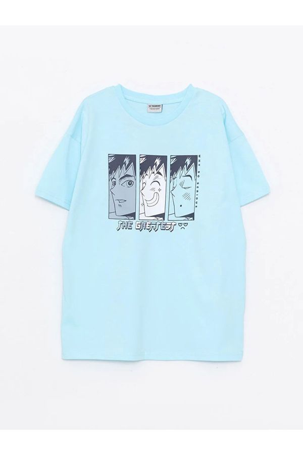 LC Waikiki LC Waikiki Blue-Colored, 100% Cotton Combed Combed Crew Neck Printed Short Sleeve Boys' T-shirt.