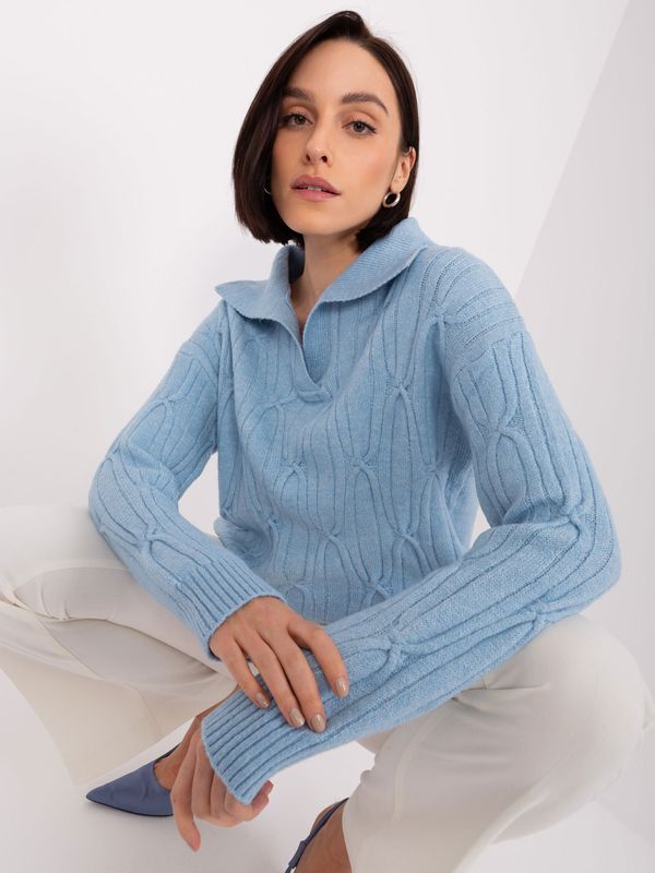 Fashionhunters Light blue sweater with cables and collar