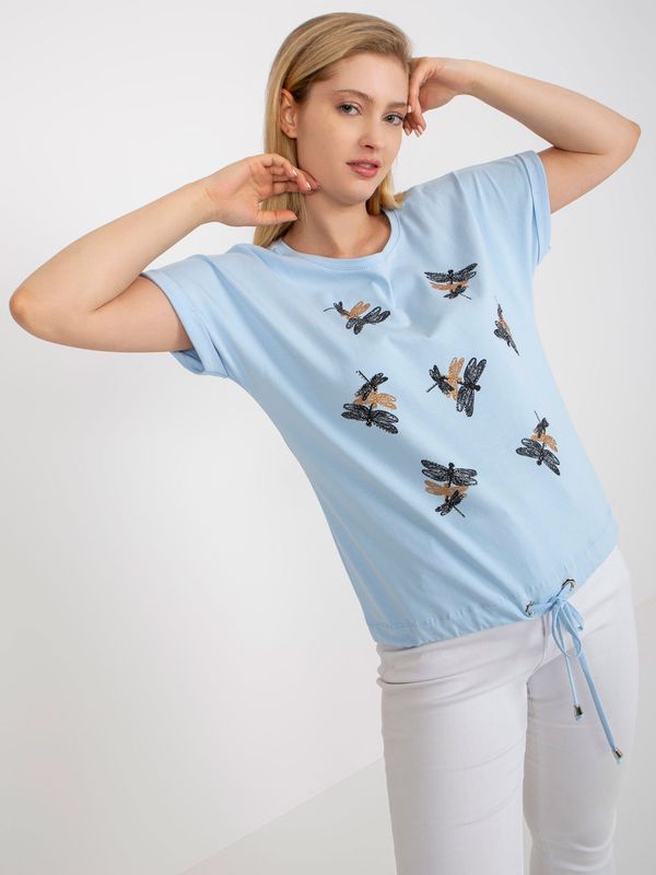 Fashionhunters Light blue T-shirt of a larger size with a round neckline