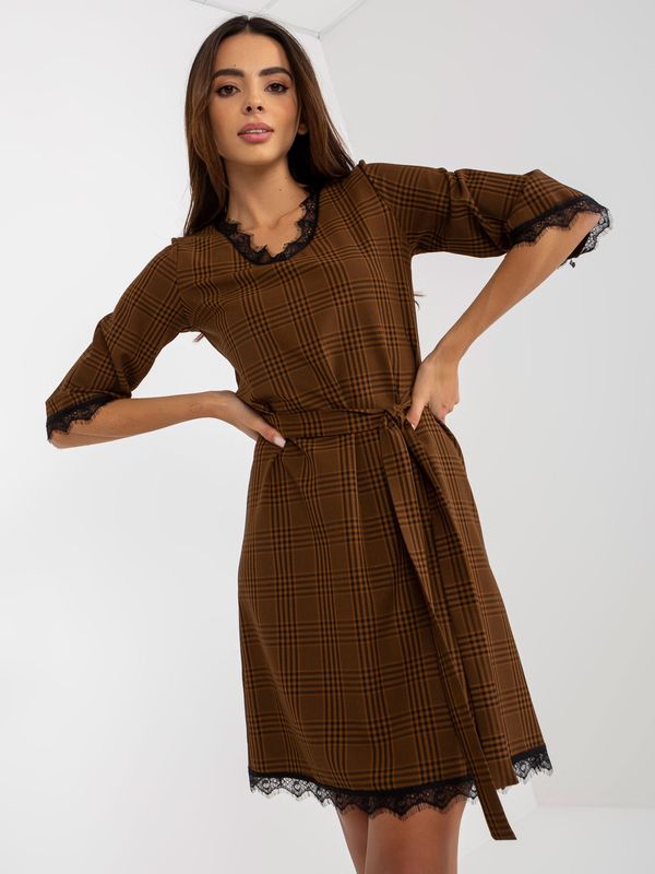Fashionhunters Light brown and black plaid cocktail dress with tie