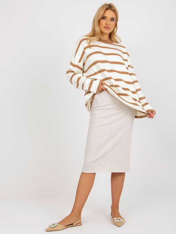 Fashionhunters Light brown and ecru striped oversized sweater with stand-up collar by RUE PARIS