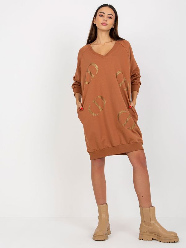 Fashionhunters Light brown one-size long sweatshirt with rhinestone application