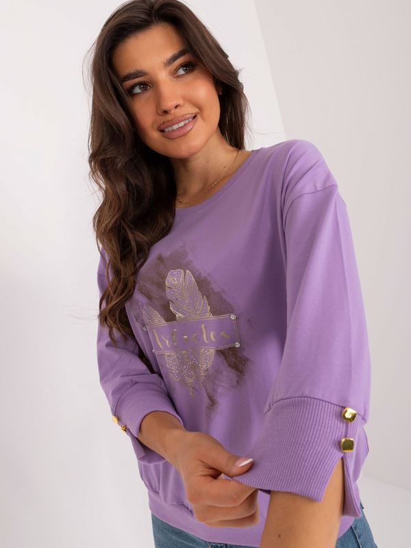 Fashionhunters Light purple cotton blouse with print and round neckline