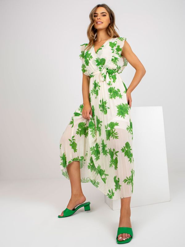 Fashionhunters Long, beige and green dress with prints and belt