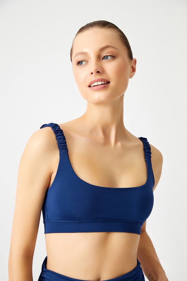 LOS OJOS LOS OJOS Navy Blue Lightly Supported Drawstring Strap Detailed Covered Sports Bra