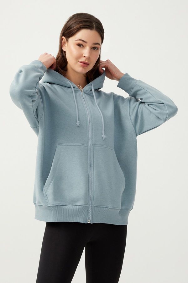LOS OJOS LOS OJOS Women's Blue Gray Hooded Oversize Rayon Zipper Knitted Sweatshirt.