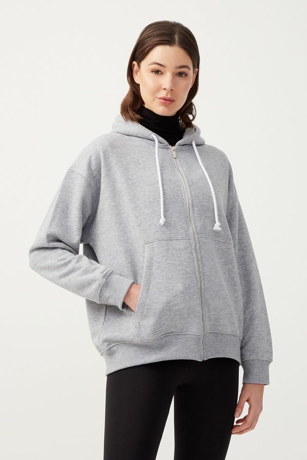 LOS OJOS LOS OJOS Women's Melange Gray Hooded Oversize Raised Zipper Knitted Sweatshirt