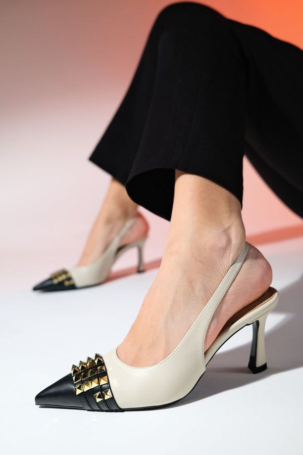 LuviShoes LuviShoes AELLA Beige Black Trocked Pointed Toe Women's Heel Shoes