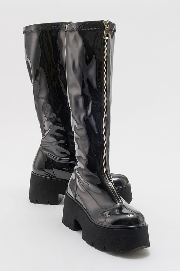 LuviShoes LuviShoes AMARONTE Black Patent Leather Thick Sole Women's Boots