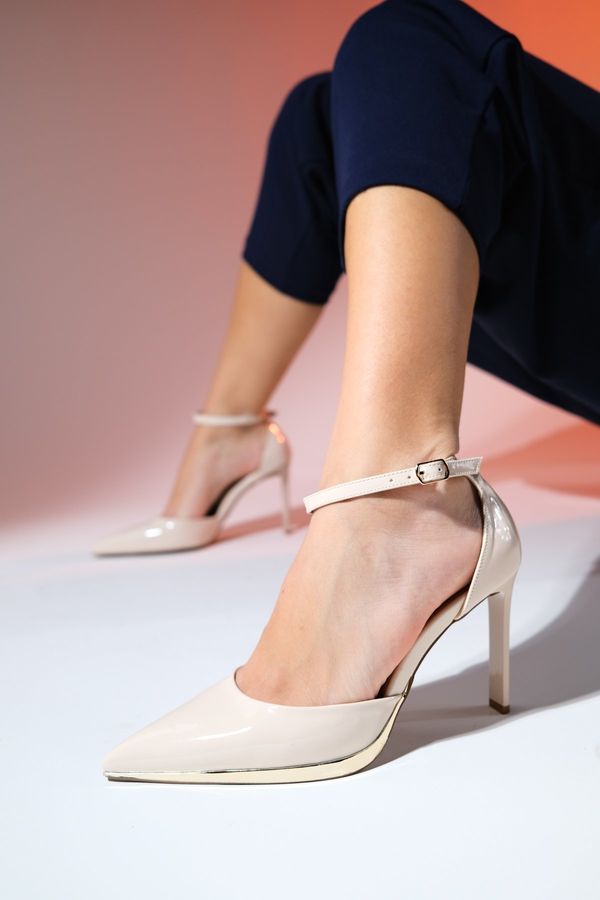 LuviShoes LuviShoes BOLEYN Women's Beige Patent Leather Pointed Toe High Heeled Shoes