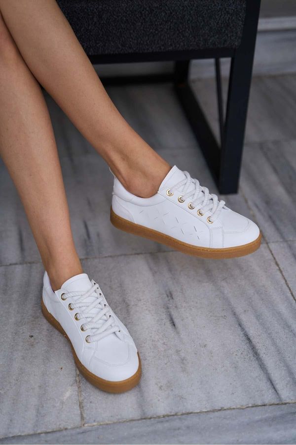 Madamra Madamra White Women's Thick Laced Leather Look Sneakers Sneaker