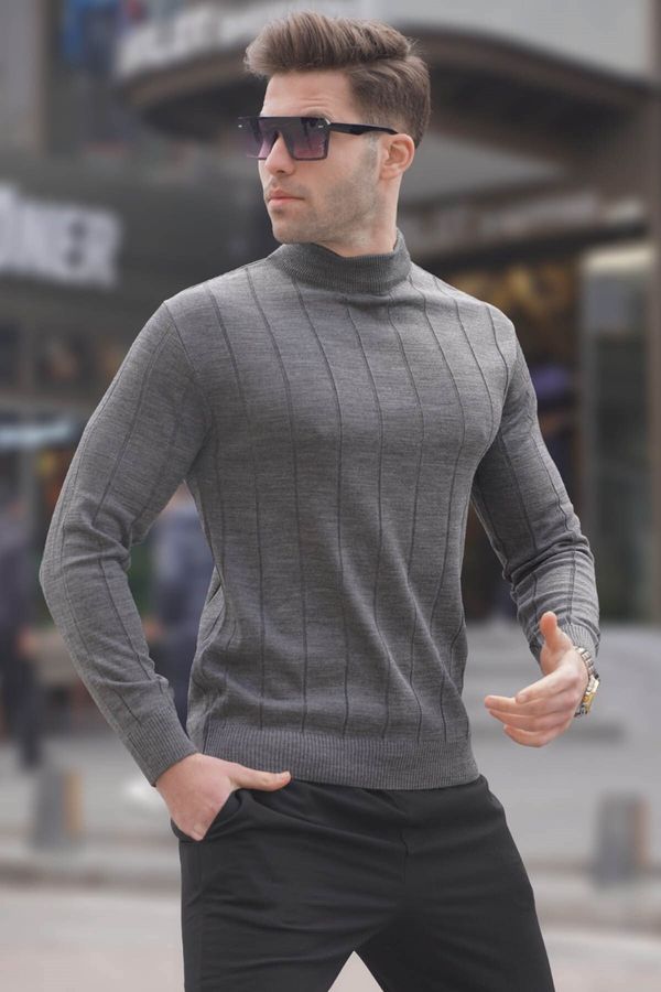 Madmext Madmext Anthracite Slim Fit Half Turtleneck Striped Anti-Pilling Men's Knitwear Sweater 6344