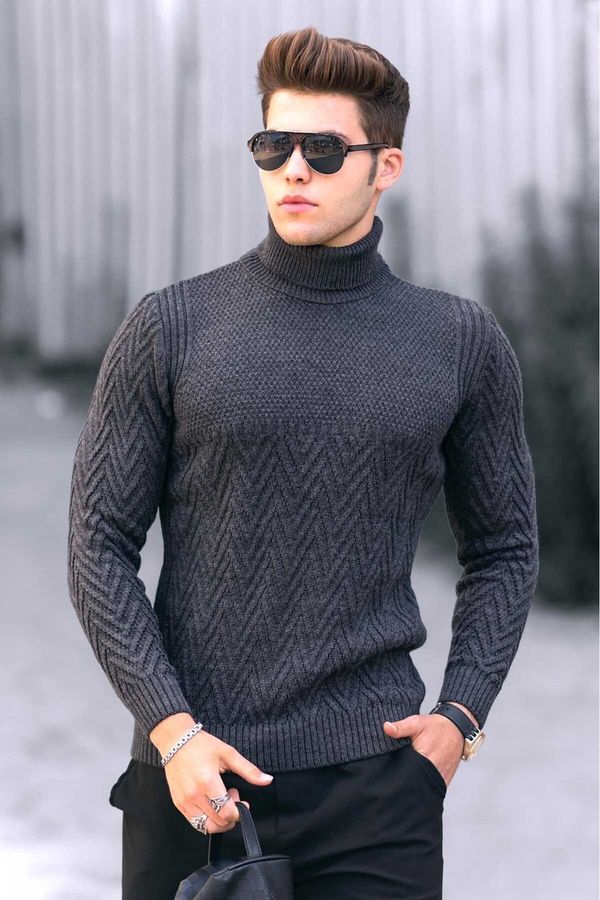 Madmext Madmext Anthracite Turtleneck Knitted Patterned Sweater 4655