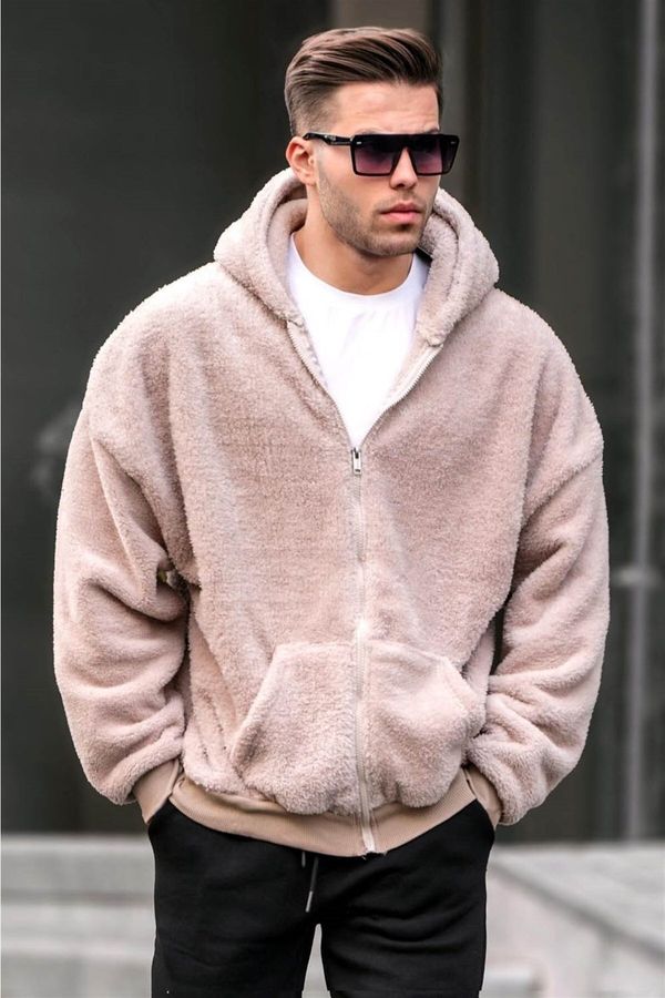 Madmext Madmext Beige Plush Over Fit Hooded Zippered Men's Sweatshirt 6049