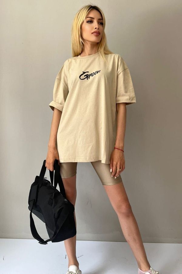 Madmext Madmext Beige Printed Oversized T-Shirt