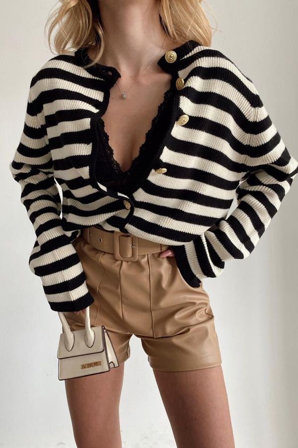 Madmext Madmext Black Striped Crew Neck Gold Button Detailed Cotton Cardigan