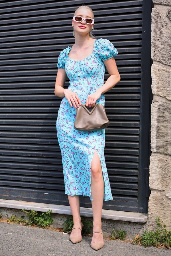 Madmext Madmext Blue Floral Pattern Slit Dress