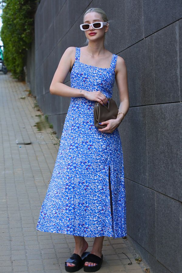 Madmext Madmext Blue Patterned Slit Long Dress