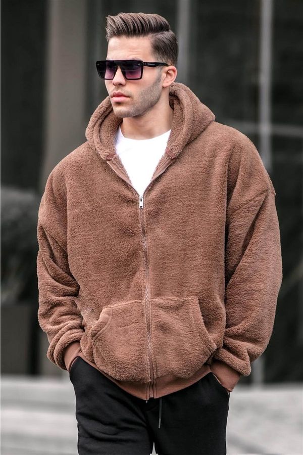 Madmext Madmext Brown Plush Over Fit Hooded Zippered Men's Sweatshirt 6049