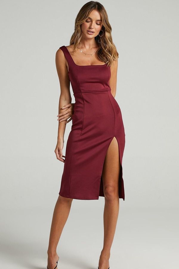 Madmext Madmext Claret Red with Straps and a Slit Detailed Midi Dress